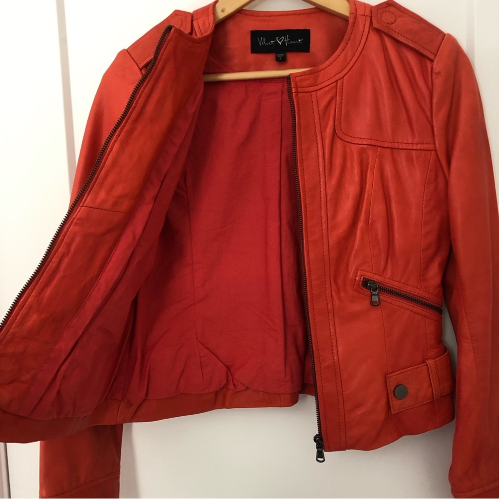 Velvet Heart Leather Jacket Womens Orange Red Collarless Zip Up Size S - Picture 7 of 8
